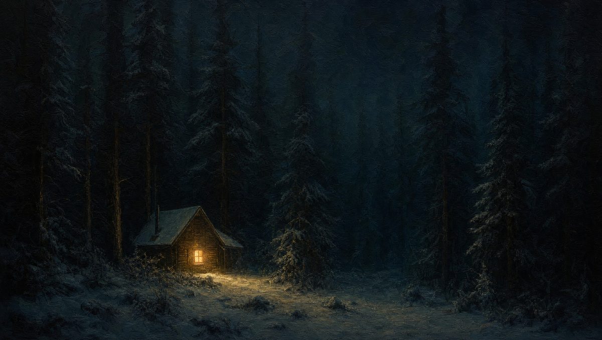 A lamplit Carpathian cottage at the forest's edge