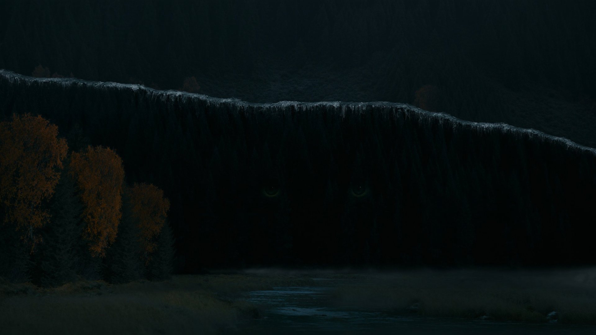 A dark Carpathian valley at dusk, a glowing salt-line at the forest's edge, and two pale green eyes watching from the deep wood.