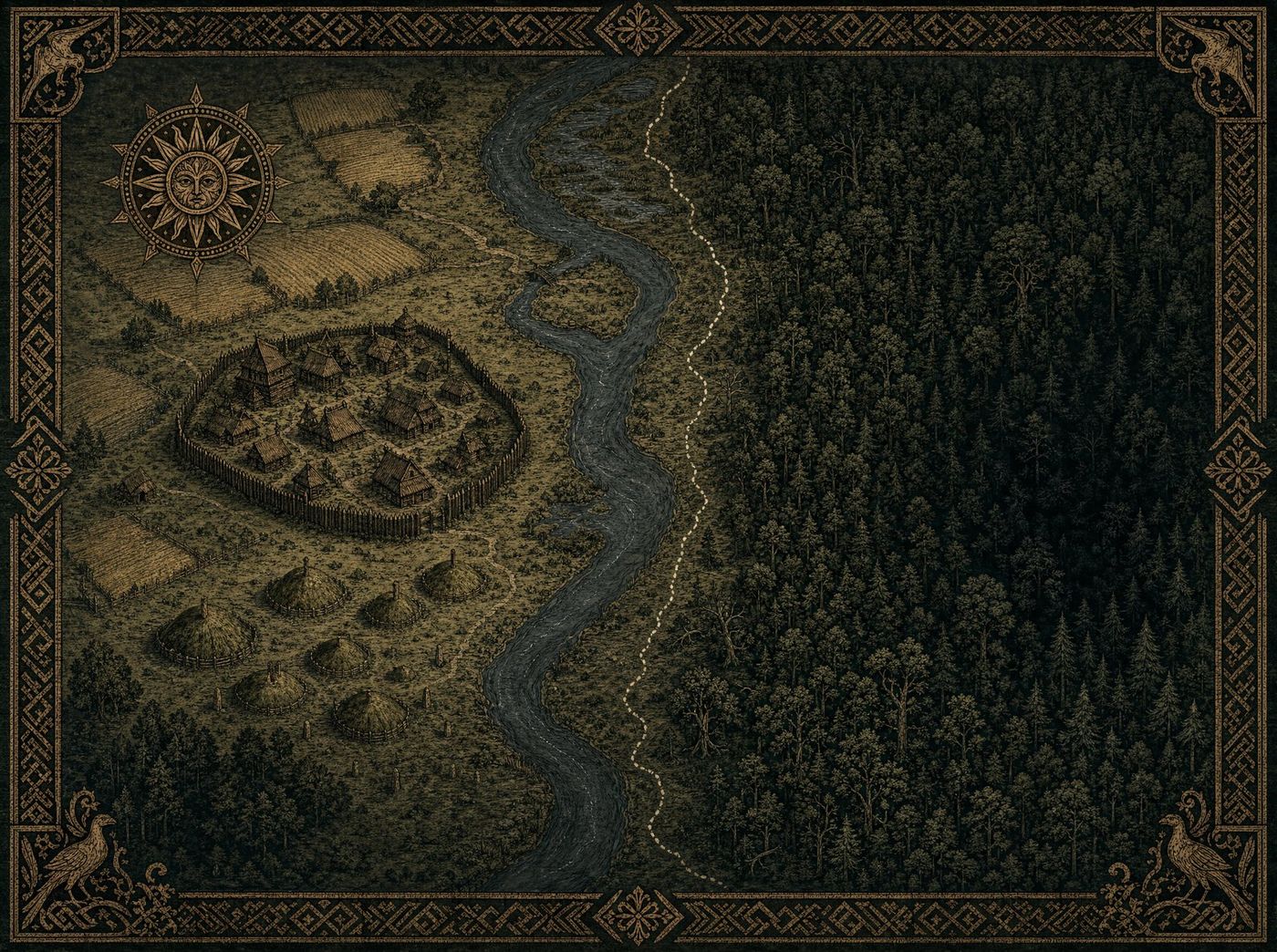 Illustrated map of the Wiselka valley: a winding river, a palisaded village to the west, burial mounds to the south, and a vast primeval forest filling the eastern half.